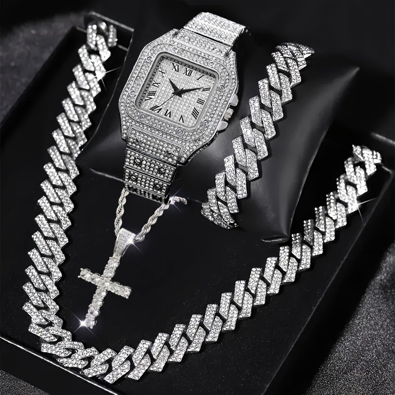 4PCS Fashion Iced Out Square M - Jewelry Watches Men 评论和价格
